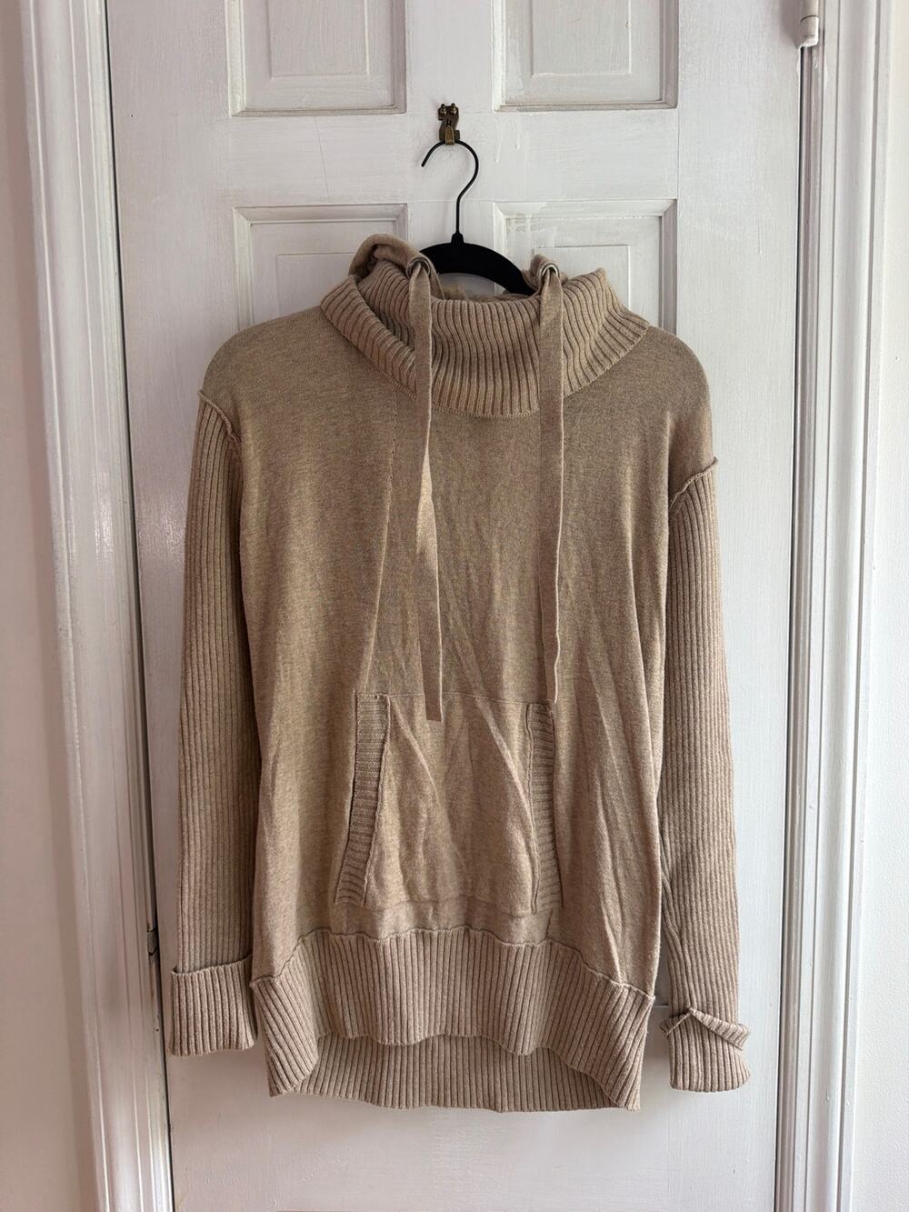 L.A.M.B. Cotton Cashmere Cowl Neck Drawstring Hoodie Sweater Oatmeal Tan P/S